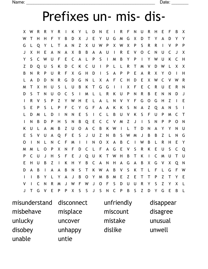 Prefixes un- mis- dis- Word Search