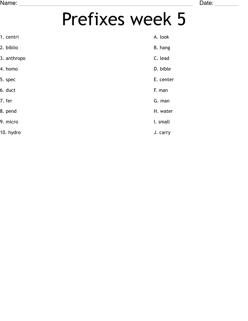 Prefixes week 5 Worksheet
