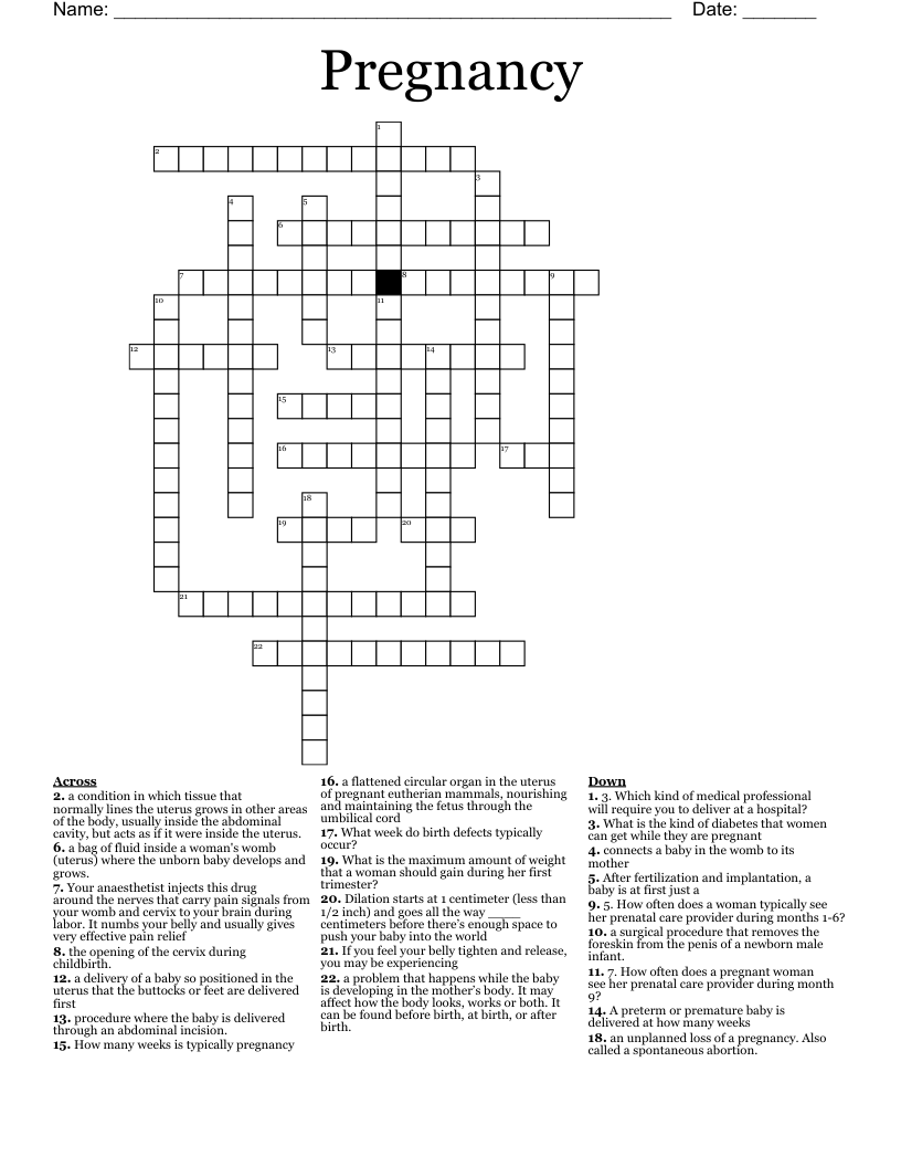 Pregnancy Crossword
