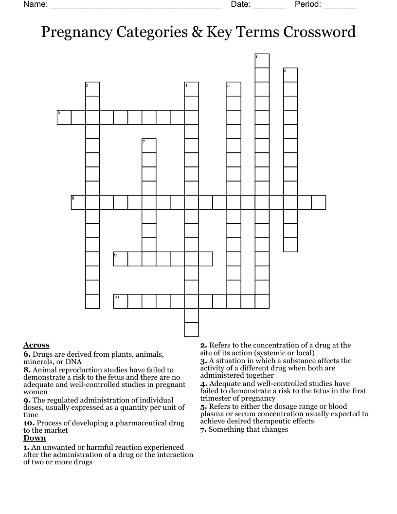 Pregnancy Categories & Key Terms Crossword