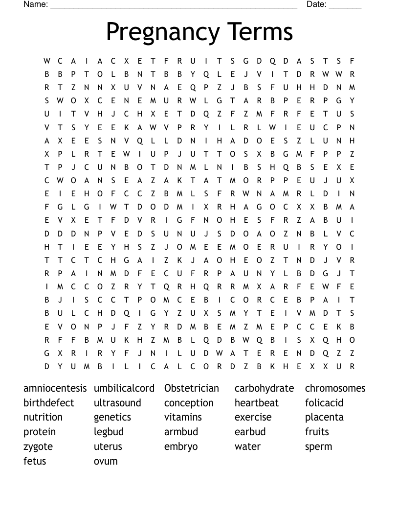 Pregnancy Terms Word Search