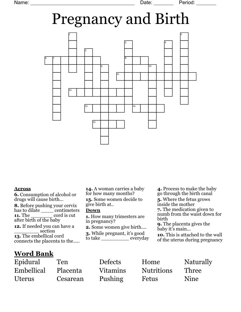 Pregnancy and Birth Crossword