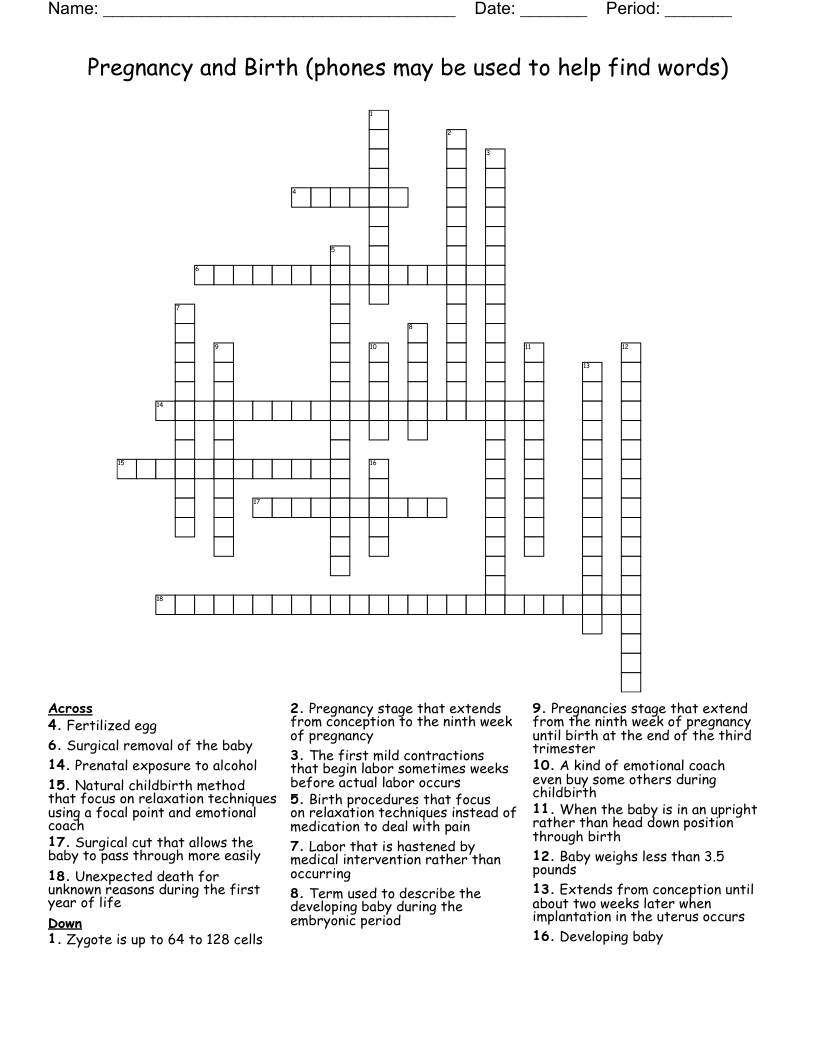 Pregnancy and Birth (phones may be used to help find words)  Crossword