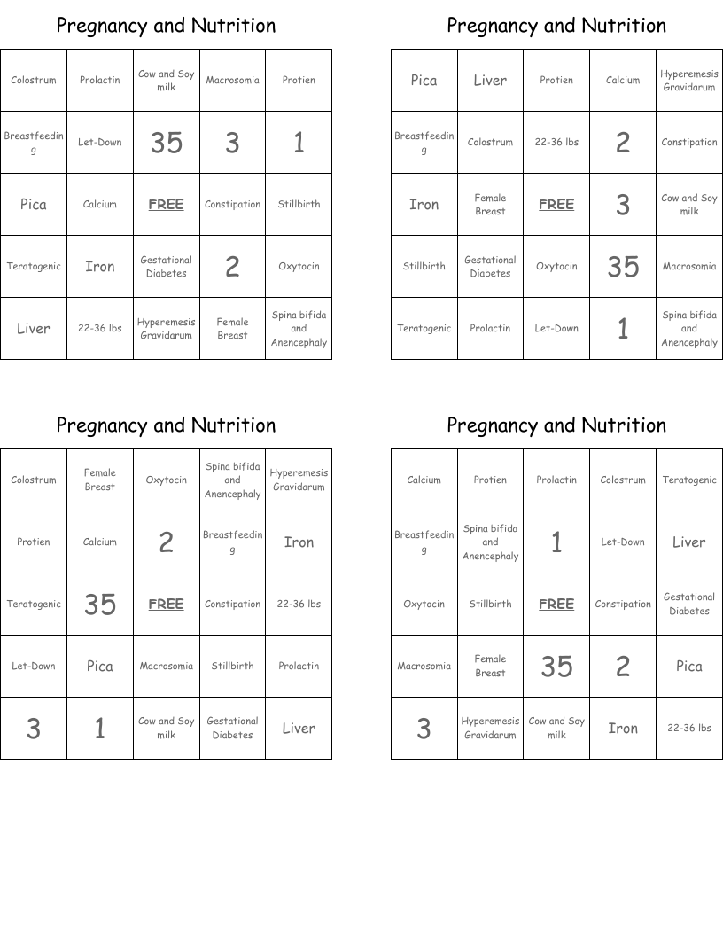 Pregnancy and Nutrition  Bingo Cards