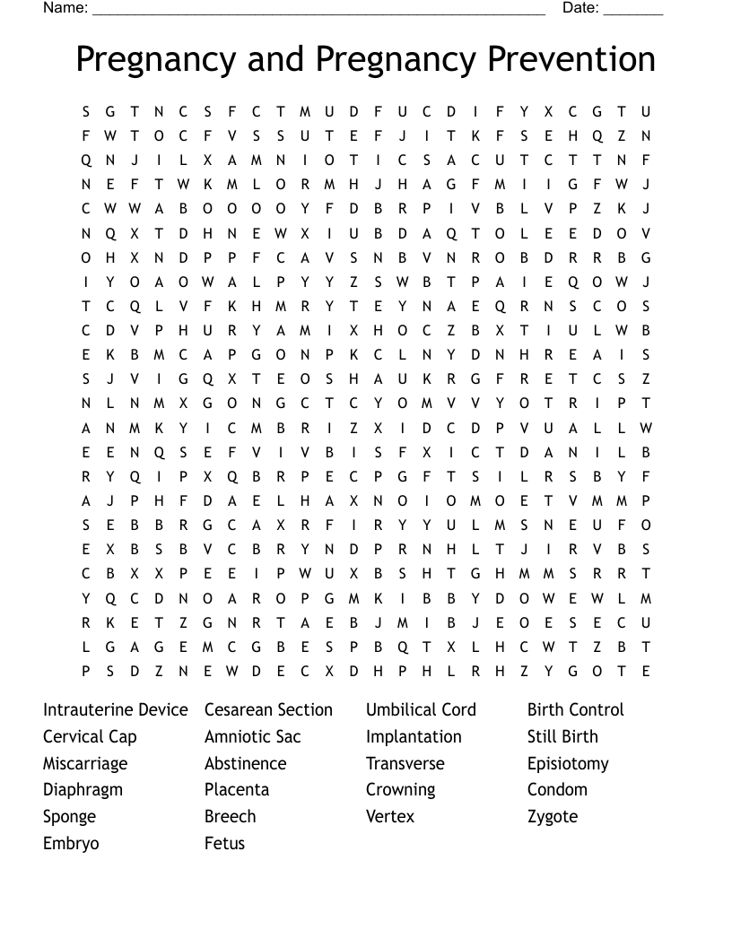Pregnancy and Pregnancy Prevention Word Search