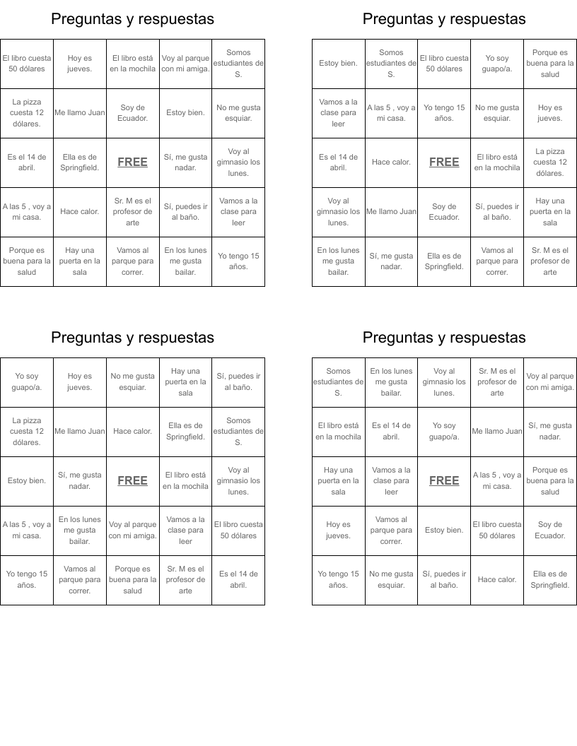 Preguntas y respuestas  Bingo Cards