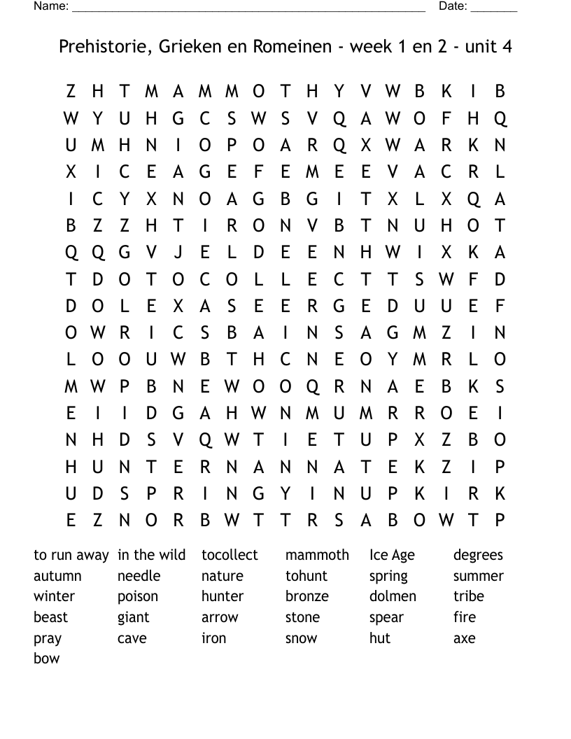 Prehistorie, Grieken en Romeinen - week 1 en 2 - unit 4 Word Search