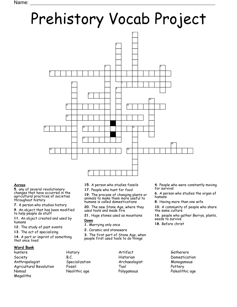 Prehistory Vocab Project Crossword