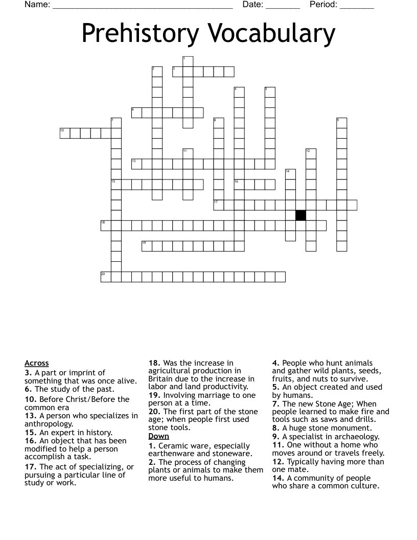 Prehistory Vocabulary  Crossword