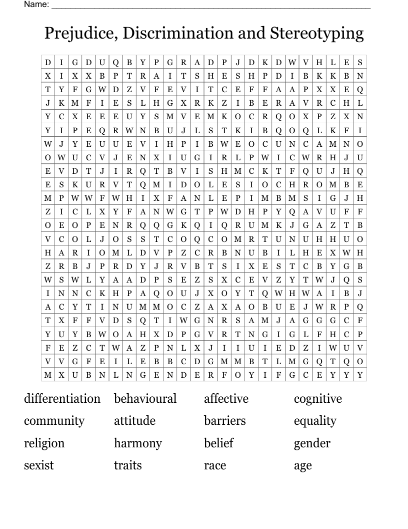 Prejudice, Discrimination and Stereotyping  Word Search
