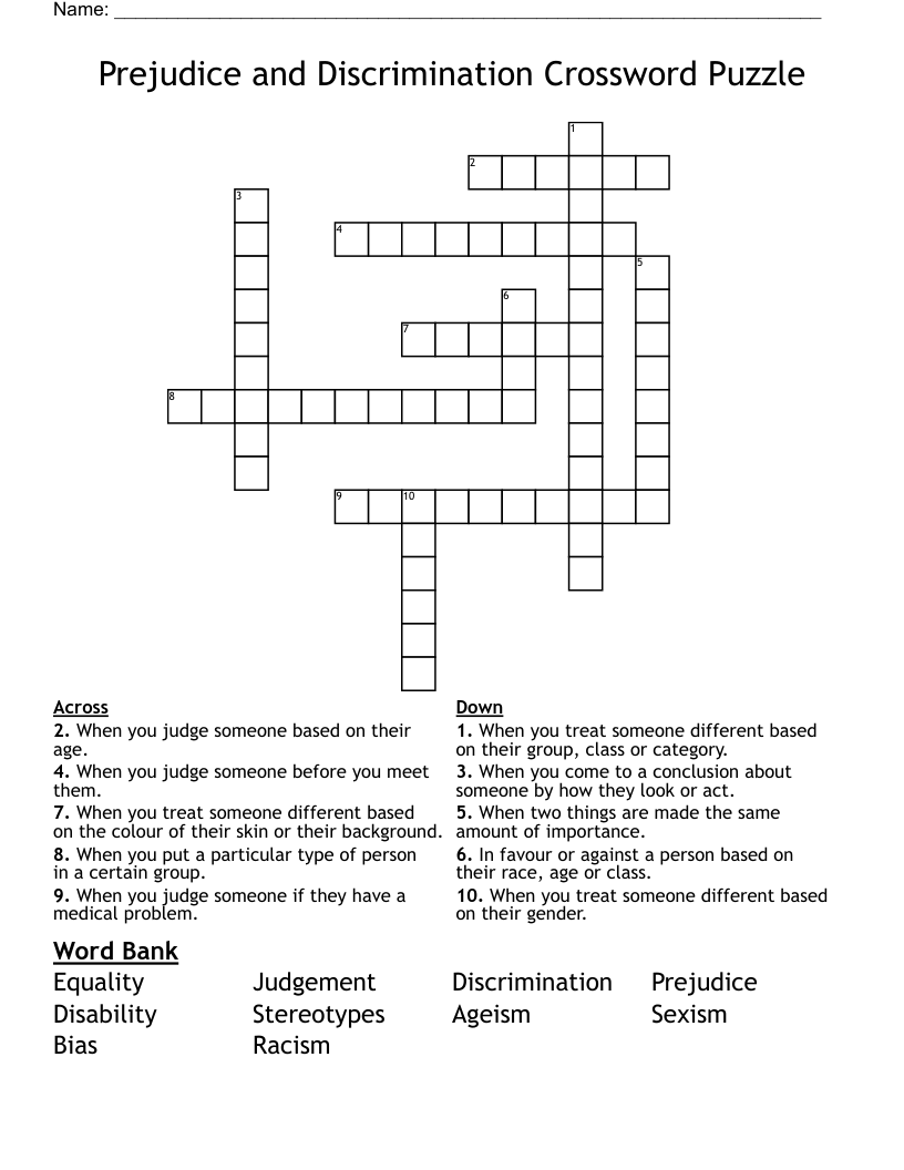 Prejudice and Discrimination Crossword Puzzle 