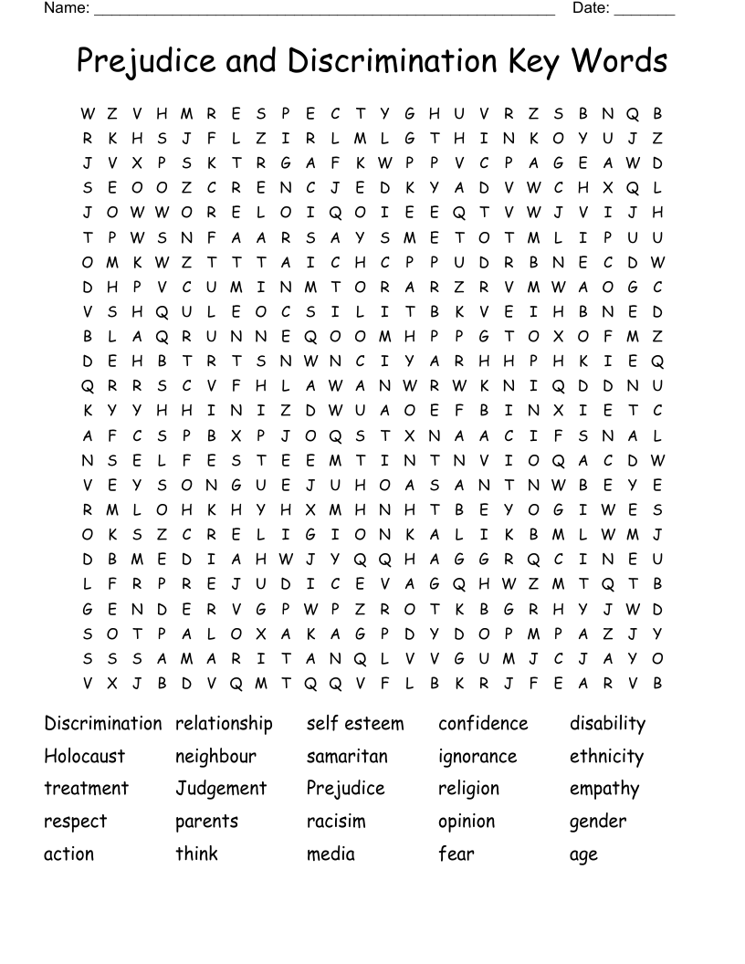 Prejudice and Discrimination Key Words Word Search