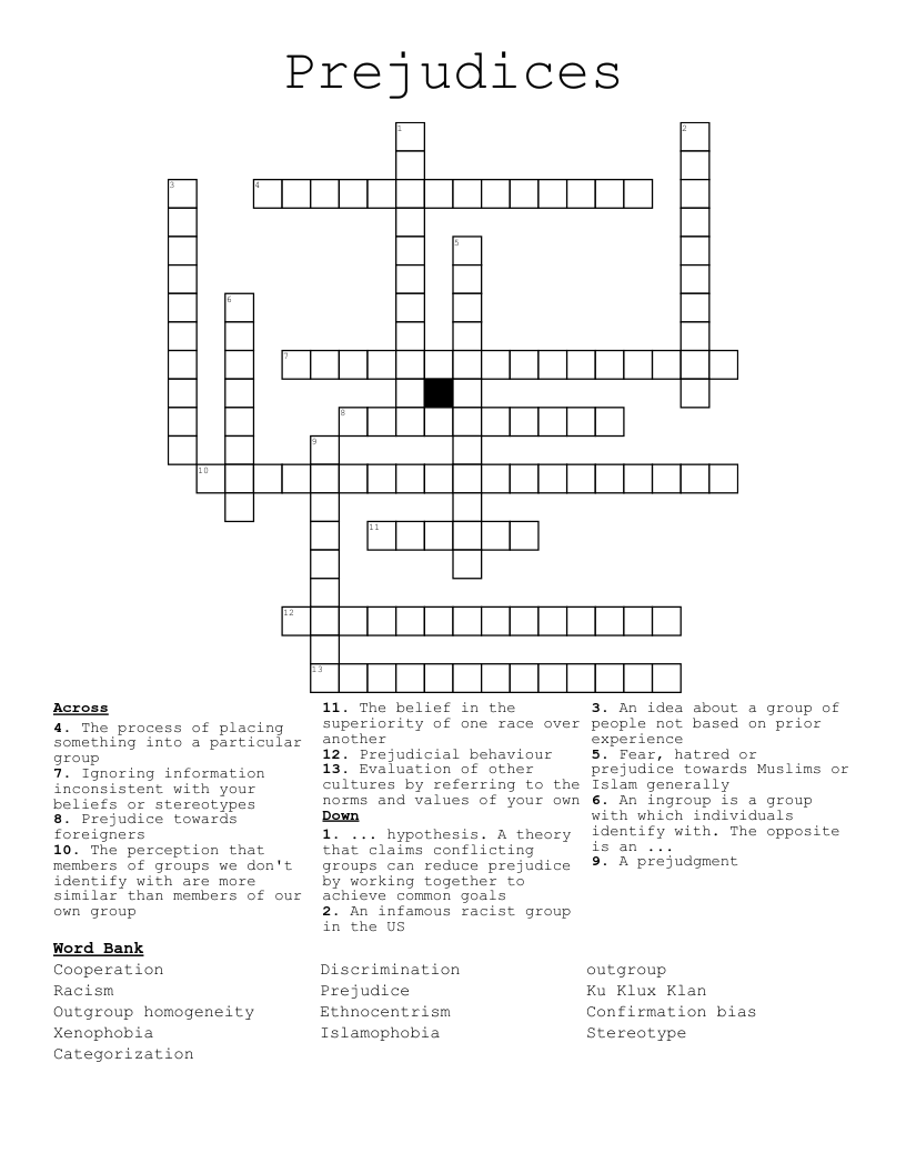 Prejudices Crossword