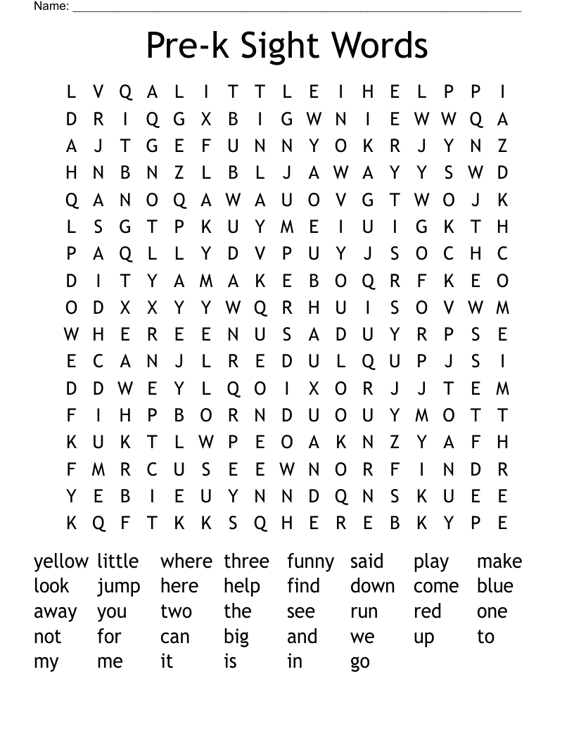 Pre-k Sight Words Word Search