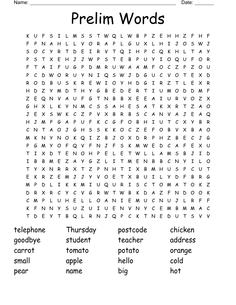 Prelim Words Word Search