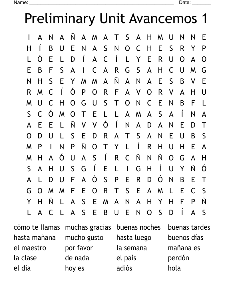 Preliminary Unit Avancemos 1 Word Search