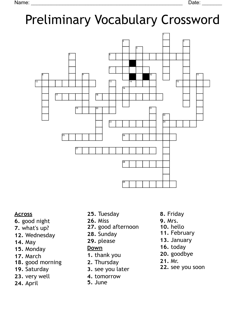 Preliminary Vocabulary Crossword