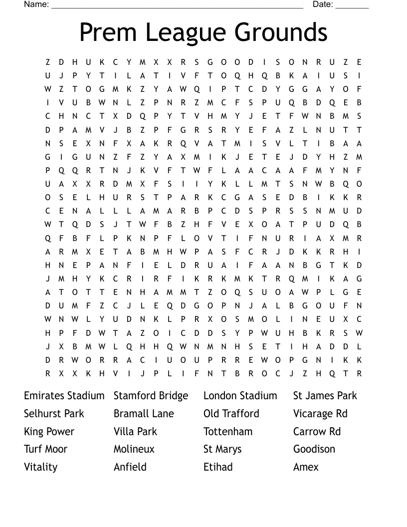 Prem League Grounds Word Search