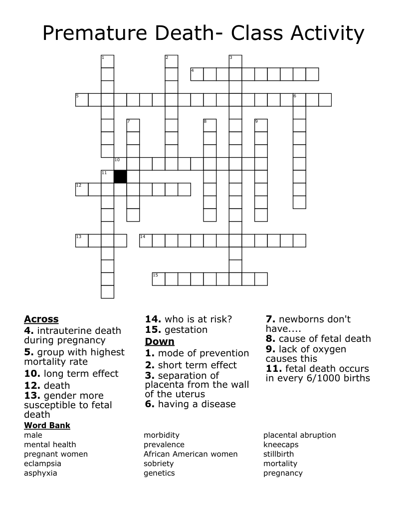 Premature Death- Class Activity Crossword