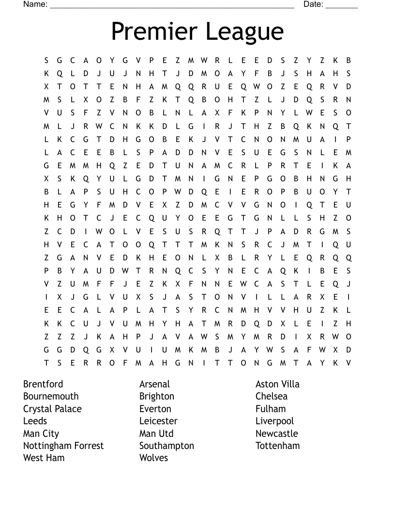 Premier League Word Search