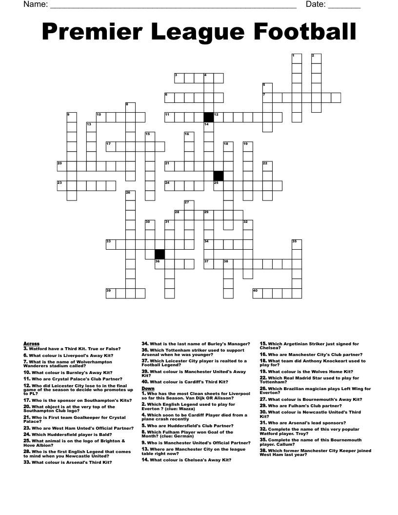 Premier League Football Crossword