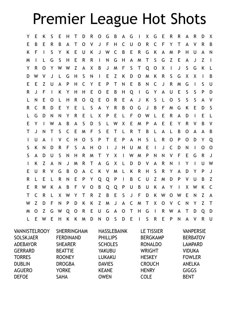 Premier League Hot Shots Word Search