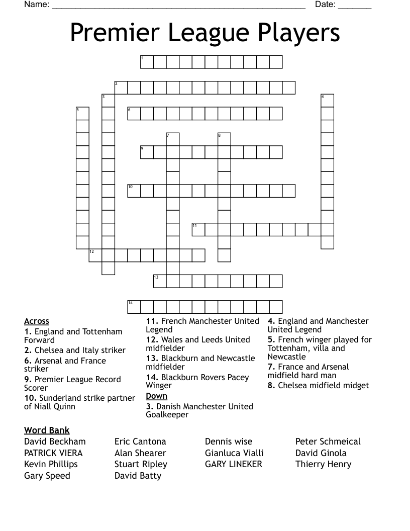 Premier League Players Crossword