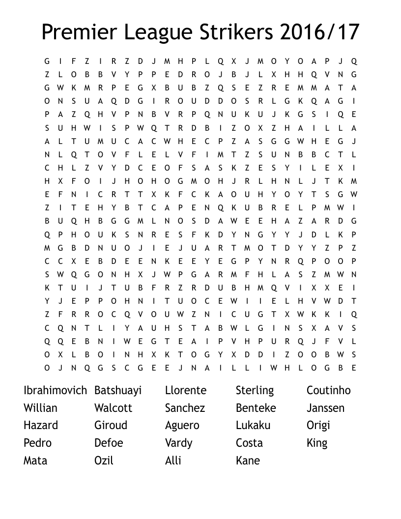 Premier League Strikers 2016/17 Word Search