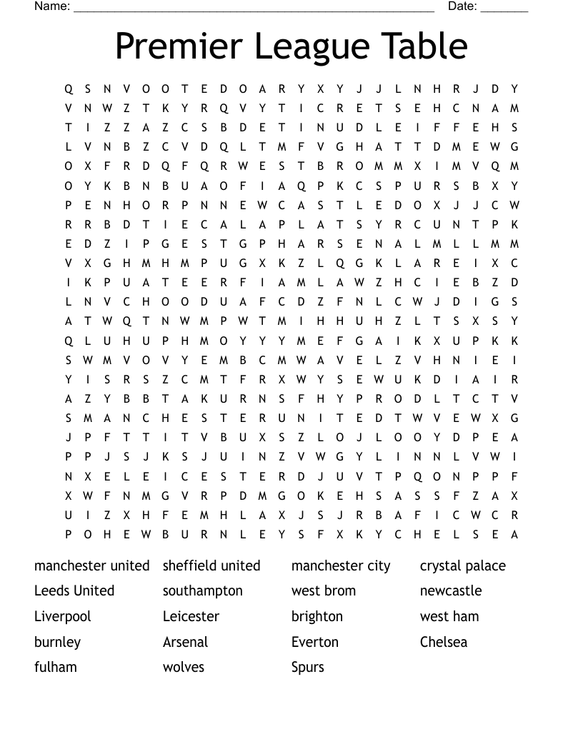 Premier League Table Word Search