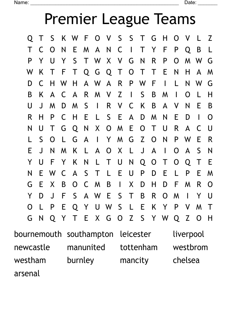 Premier League Teams Word Search