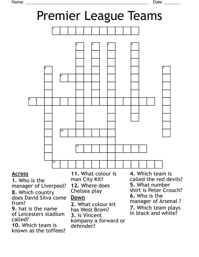 Premier League Teams Crossword
