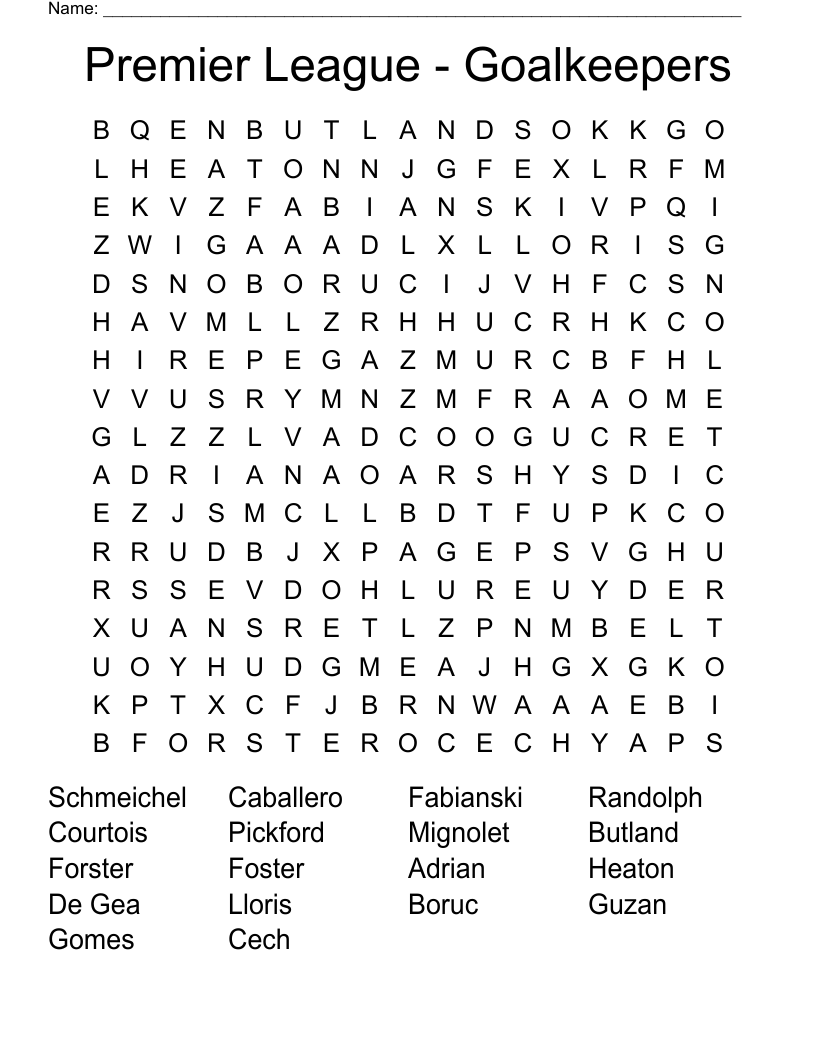 Premier League - Goalkeepers Word Search