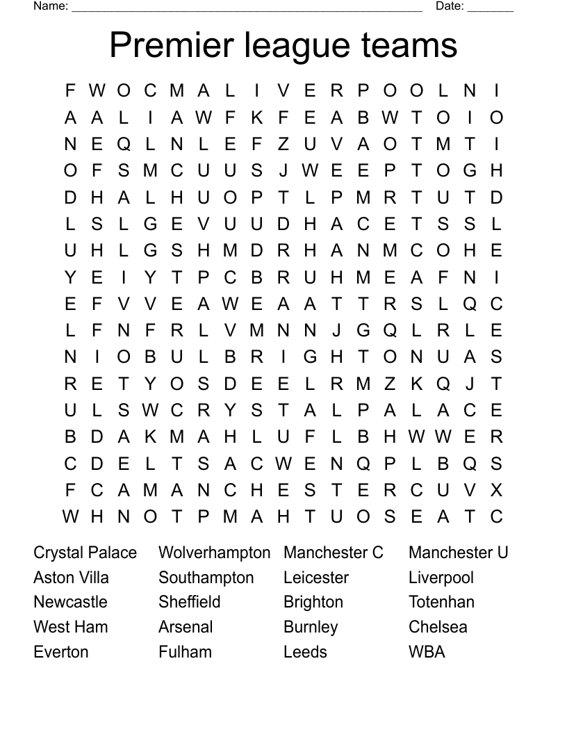 Premier league teams Word Search