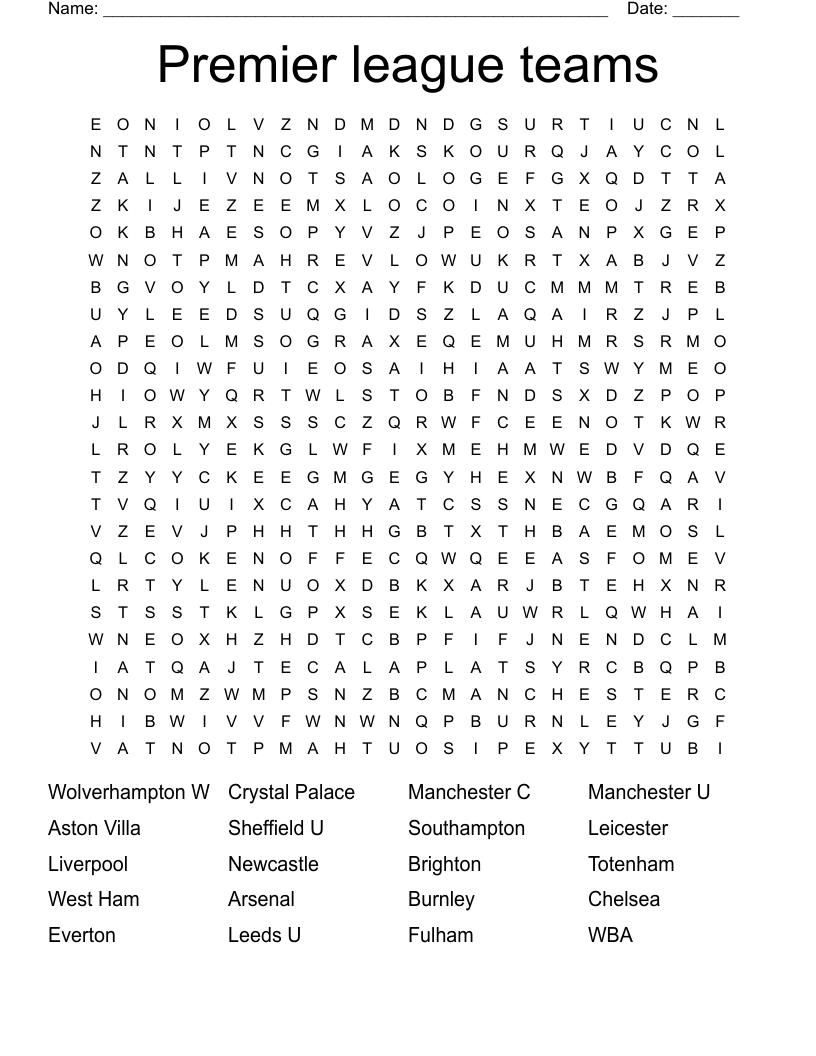 Premier league teams  Word Search