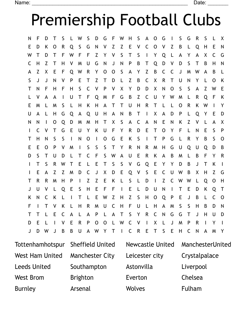 Premiership Football Clubs Word Search