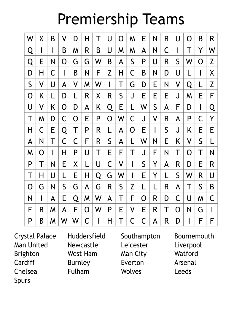 Premiership Teams  Word Search