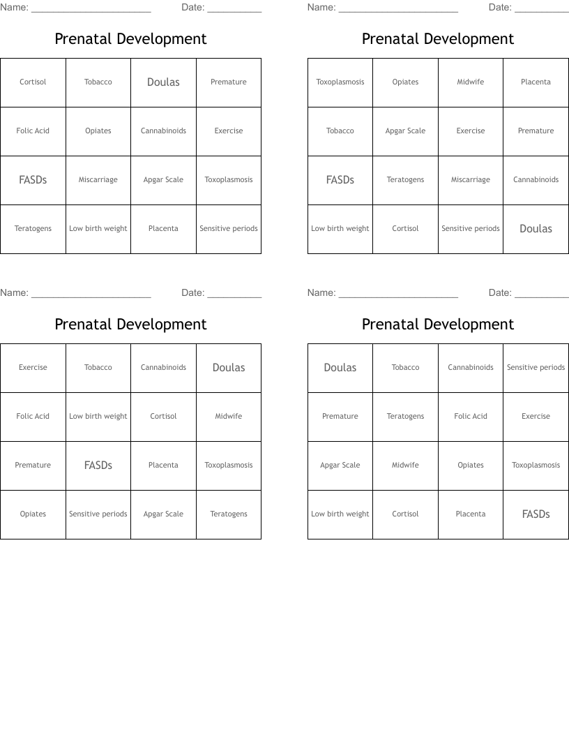 Prenatal Development Bingo Cards