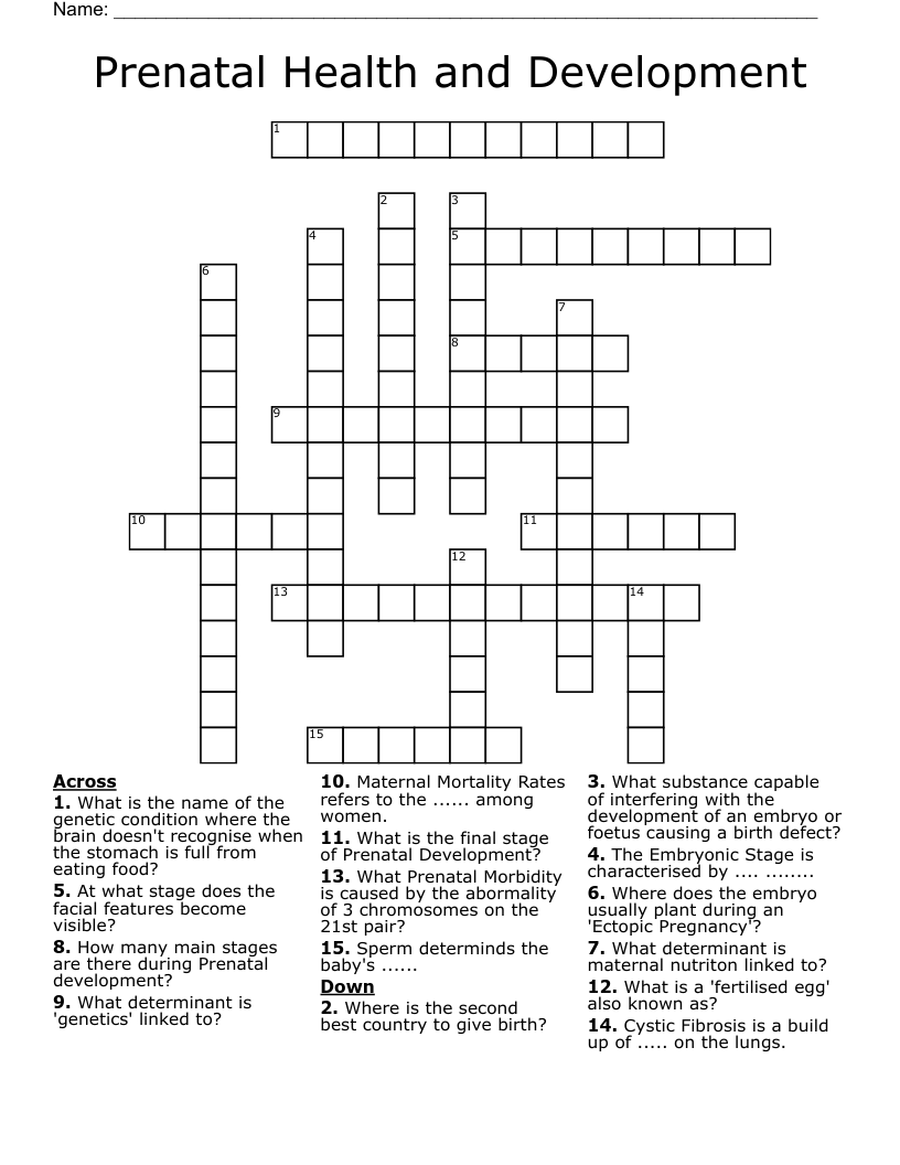 Prenatal Health and Development Crossword