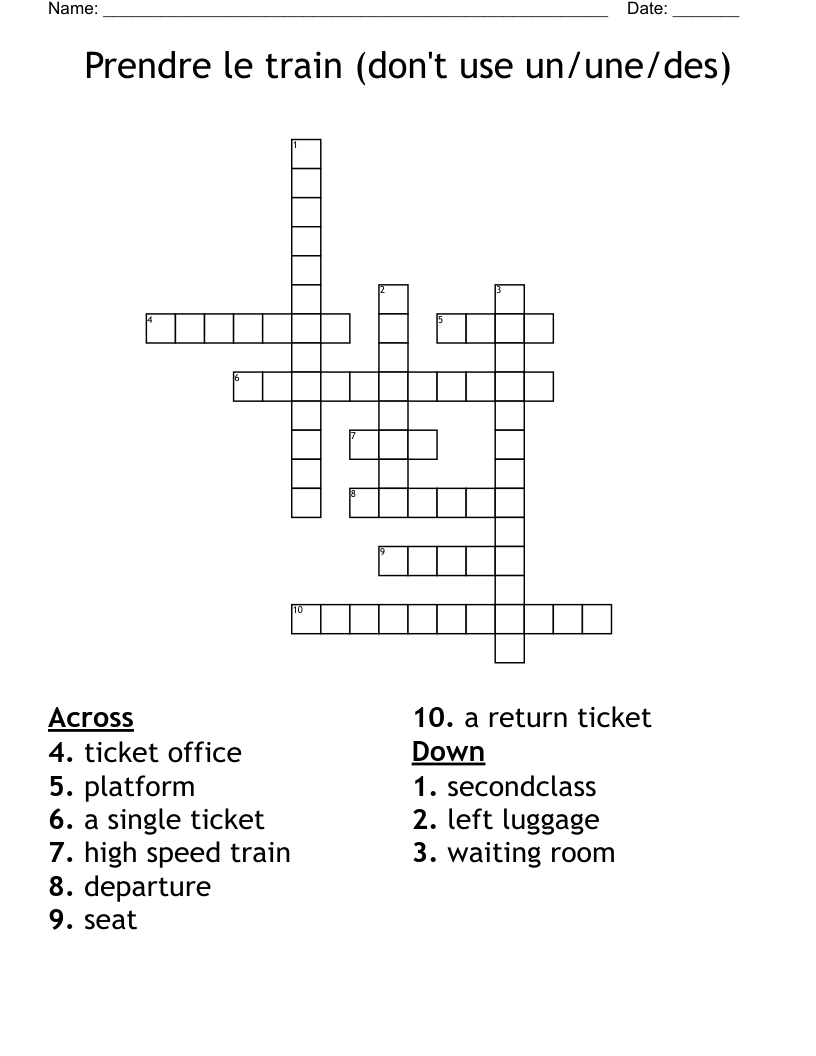 Prendre le train (don't use un/une/des) Crossword