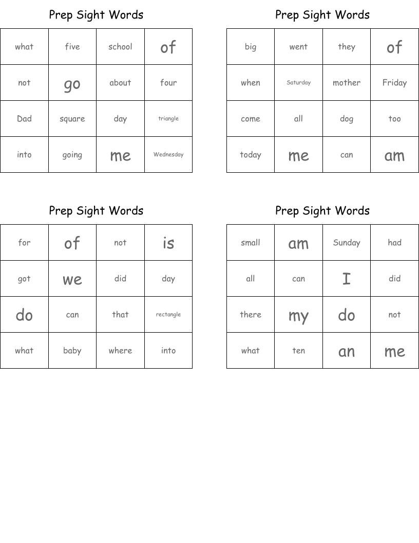 Prep Sight Words Bingo Cards