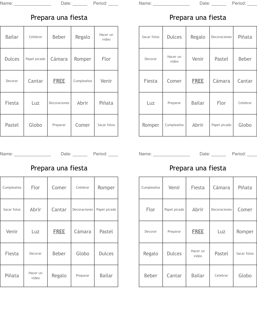 Prepara una fiesta Bingo Cards