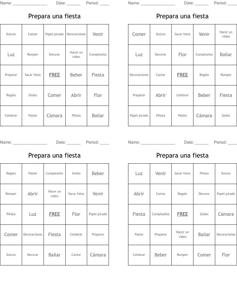 Prepara una fiesta Bingo Cards