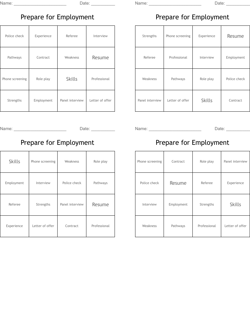 Prepare for Employment Bingo Cards