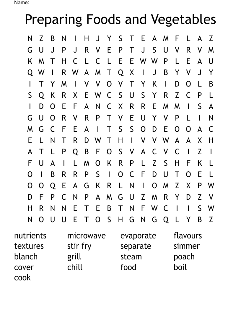 Preparing Foods and Vegetables Word Search