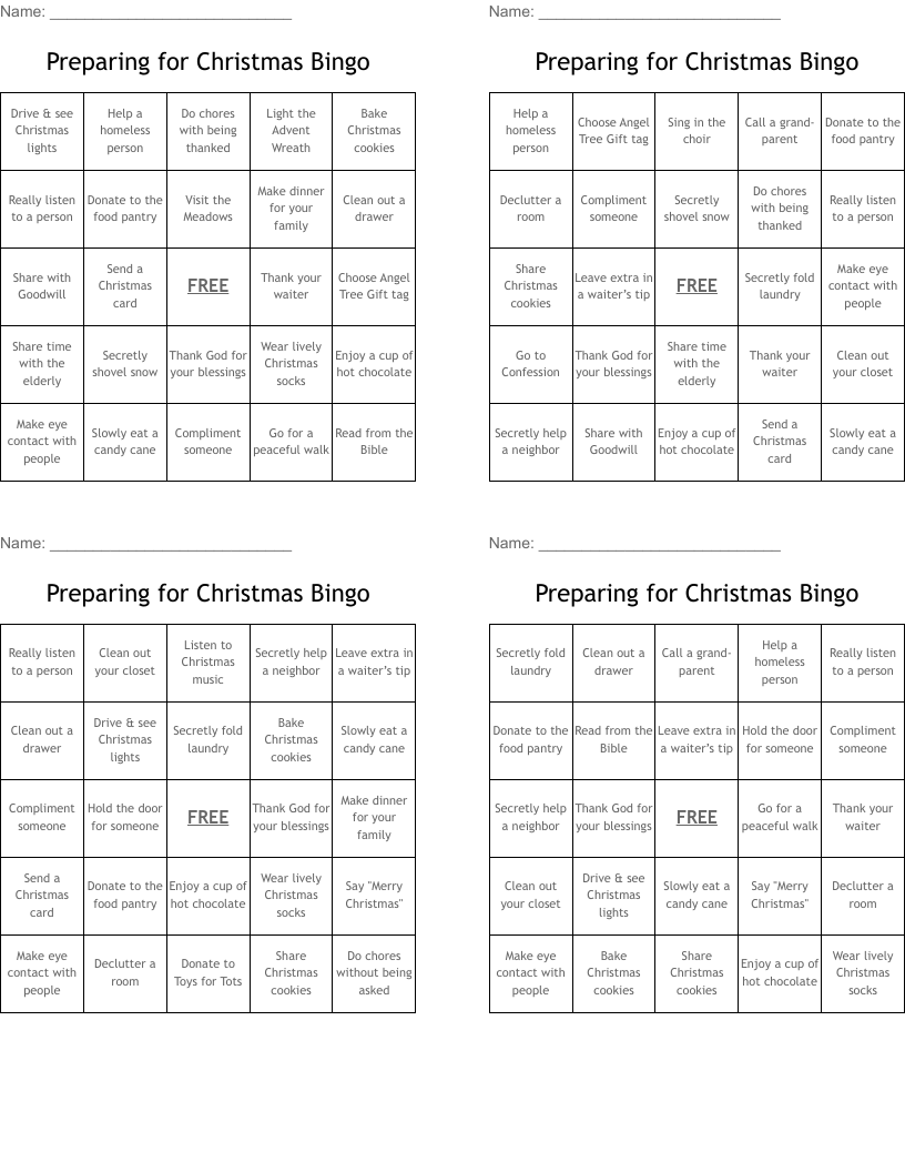 Preparing for Christmas Bingo
