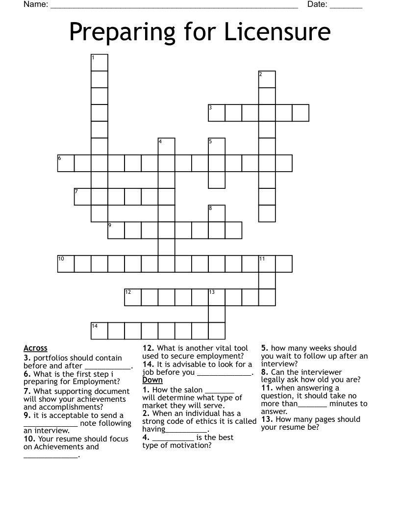 Preparing for Licensure Crossword