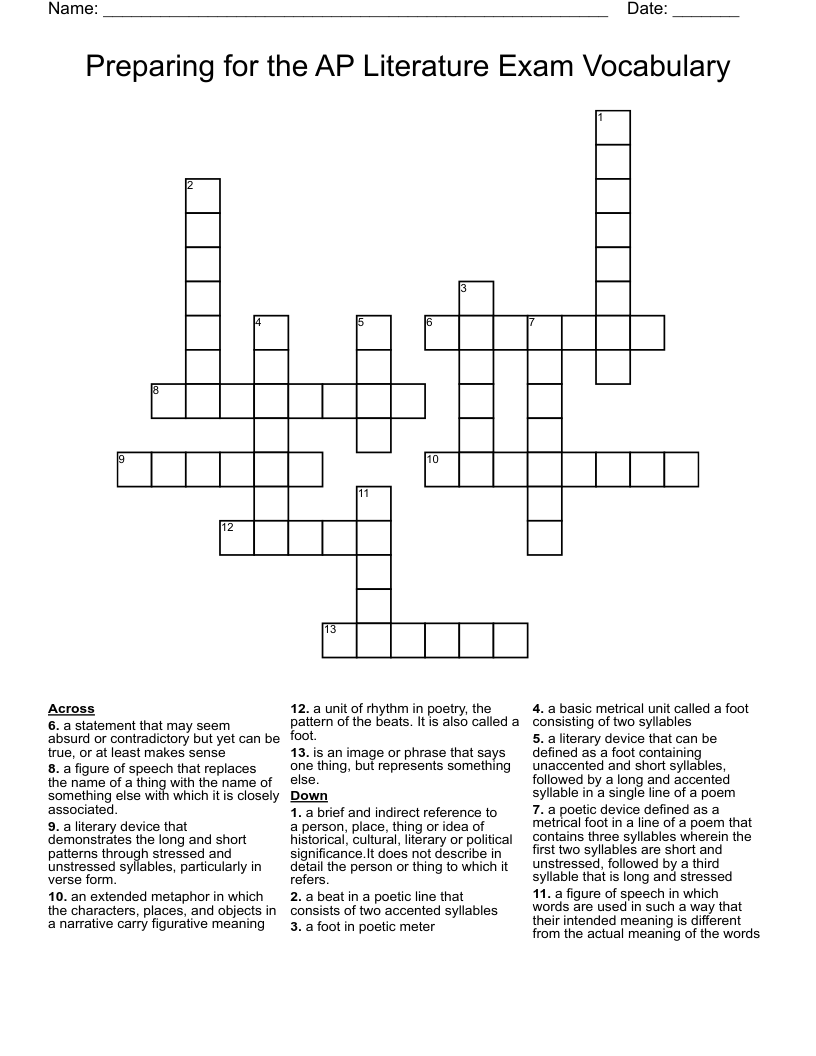 Preparing for the AP Literature Exam Vocabulary Crossword