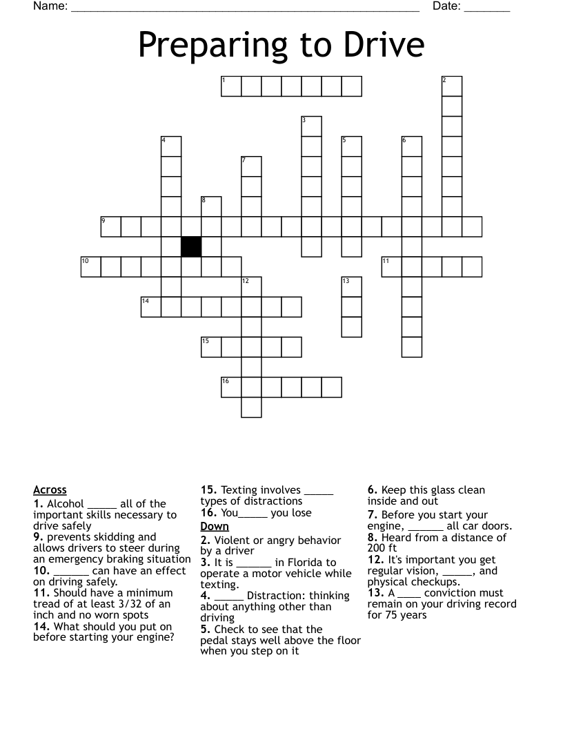 Preparing to Drive  Crossword