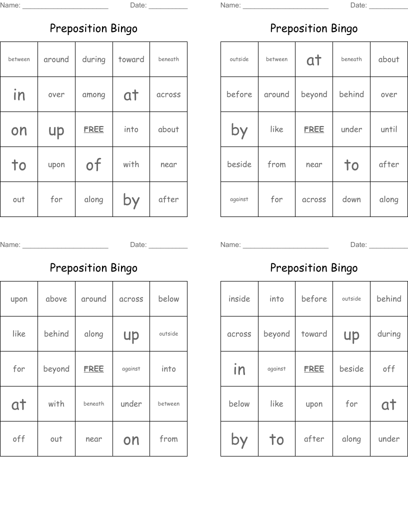 Preposition Bingo