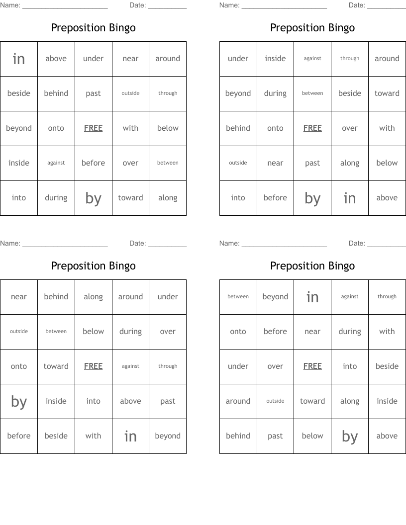 Preposition Bingo